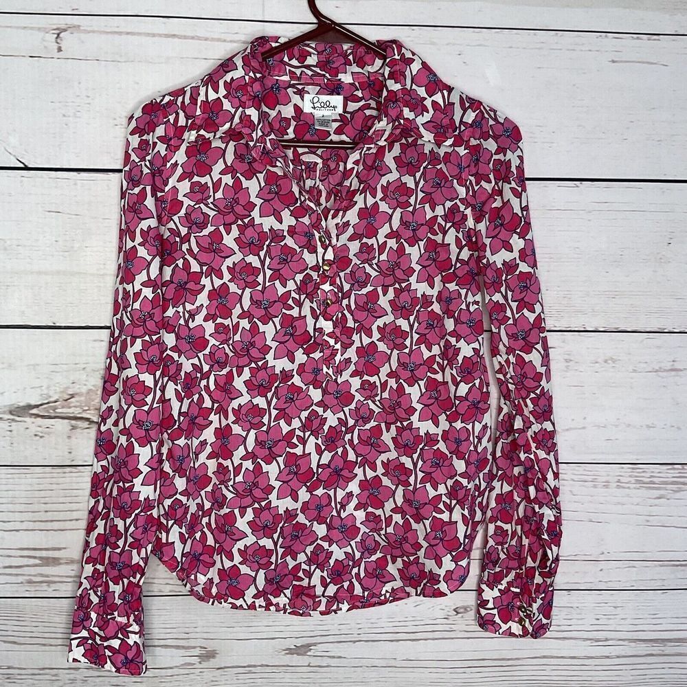 Lilly Pulitzer Womens Shirt Size 2 Pink Floral Blouse Long Sleeve Button Front - Picture 1 of 9
